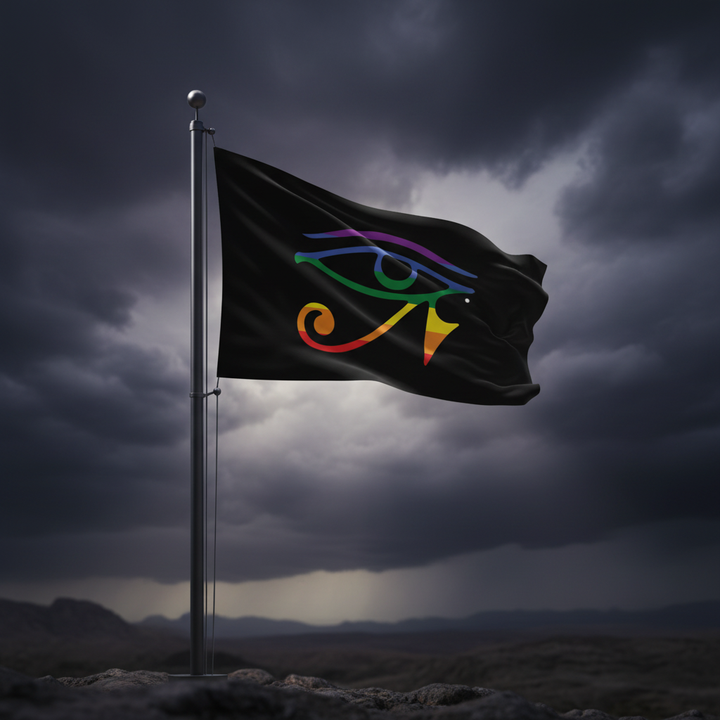 A black flag on a silver flagpole, featuring a stylized multicolor eye design, shown waving against a dramatic stormy sky over a rocky landscape.