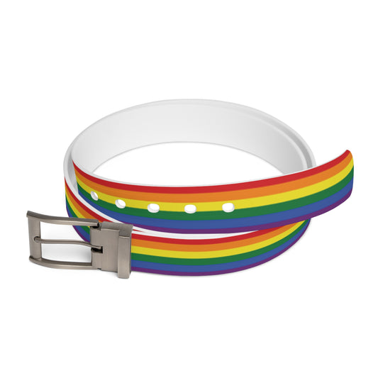 Rainbow LGBTQ pride belt with a silver buckle on a white background