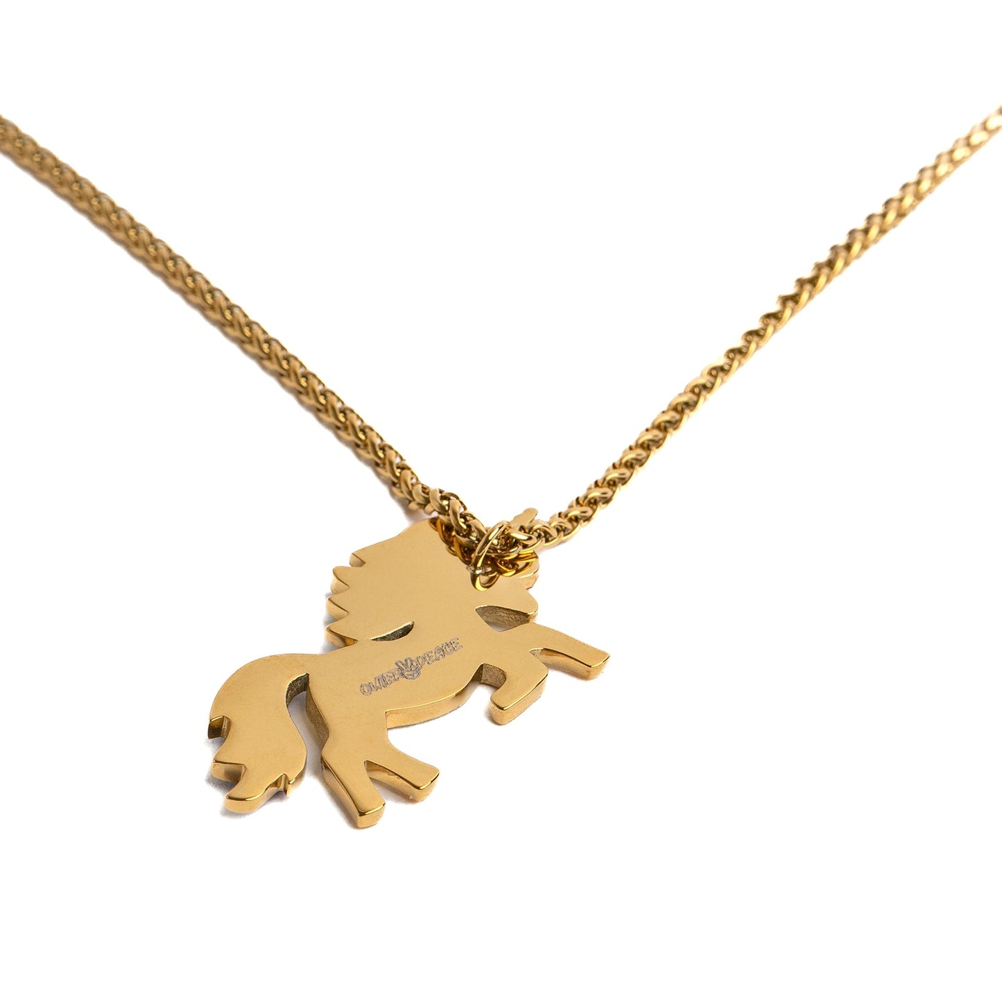 back of gold necklace with a unicorn pendant on a white background