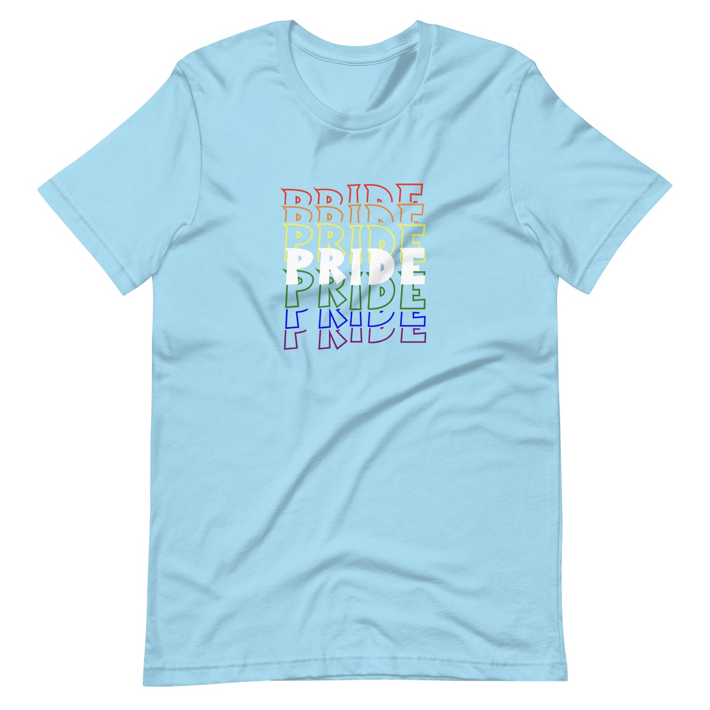 Light blue t-shirt with 'PRIDE' printed in colorful letters on a white background