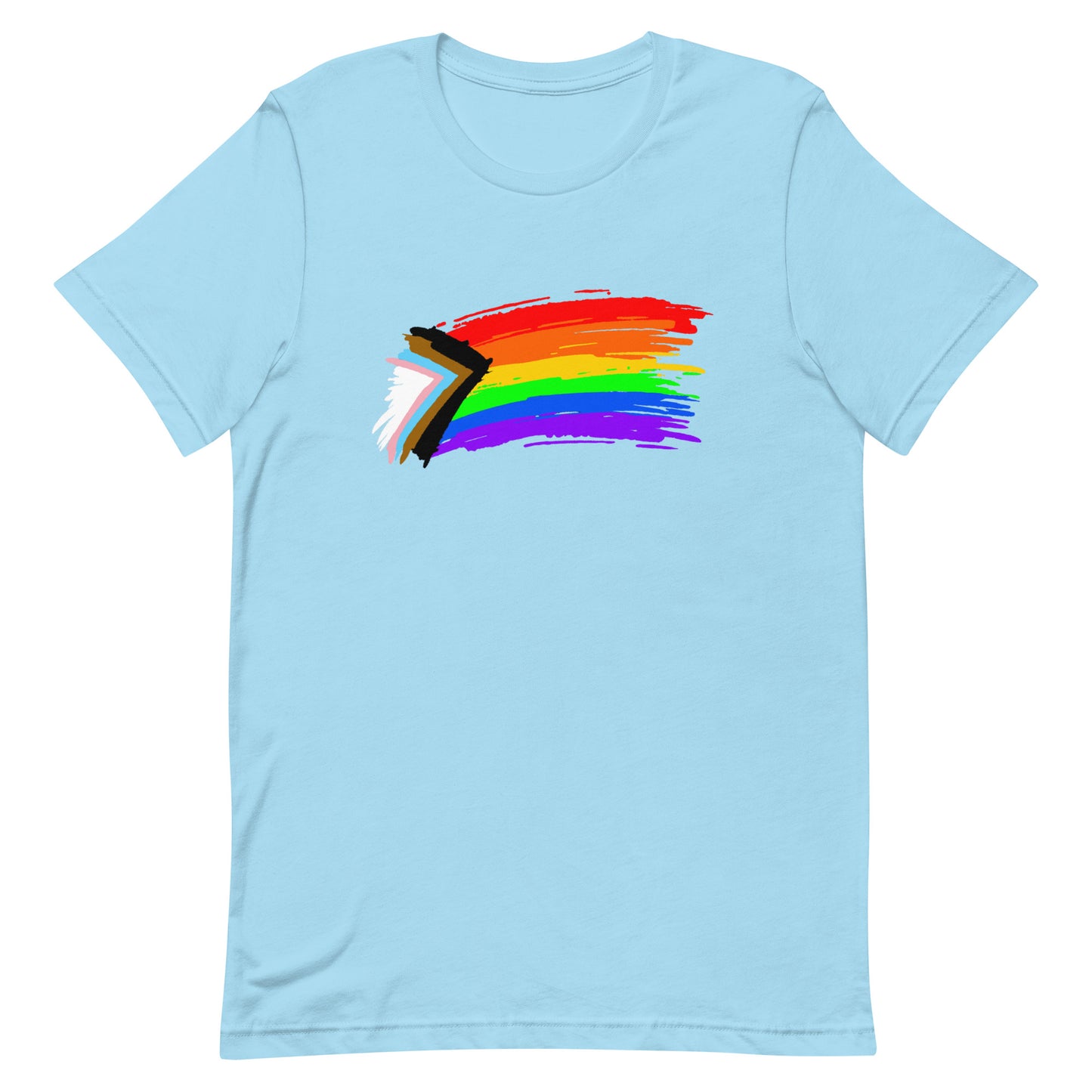 LGBTQ Pride T-Shirt - Progress Flag Paint Stripes - Unisex Ocean Blue Pride lgbtq-pride-t-shirt-progress-flag-paint-stripes-unisex-ocean-blue-front