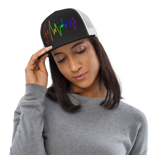 LGBTQ Rainbow Music Notes Trucker Cap lgbtq-rainbow-music-notes-trucker-cap-black-white-front-lifestyle