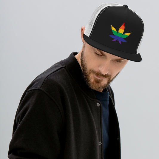 LGBTQ Rainbow Weed Trucker Cap lgbtq-rainbow-weed-trucker-cap-black-white-front-lifestyle