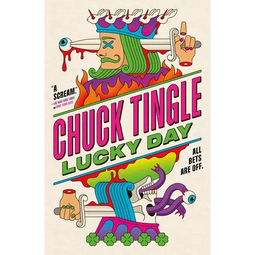 Colorful book cover for 'Chuck Tingle Lucky Day' with a stylized character and text.