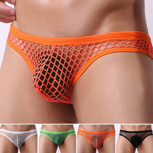 Collection of fishnet underwear in various colors on a plain background