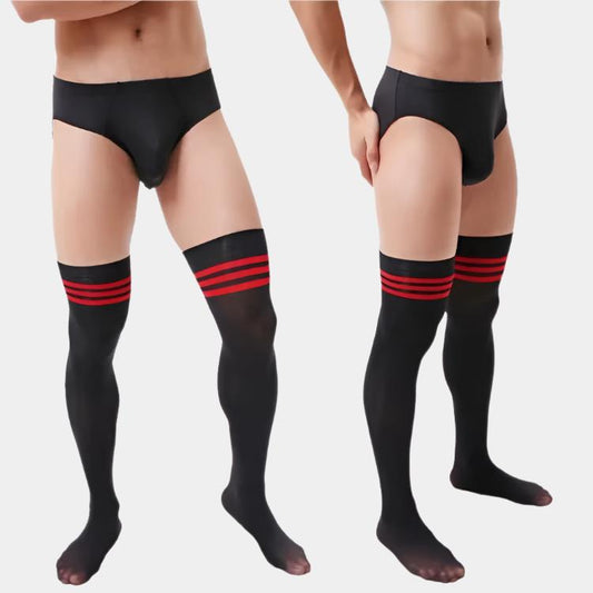 Two pairs of black knee-high socks with red stripes worn by men on a plain background.