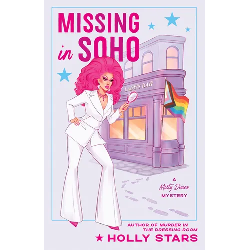 Book cover of 'Missing in Soho' featuring a woman with pink hair and a bar in the background.