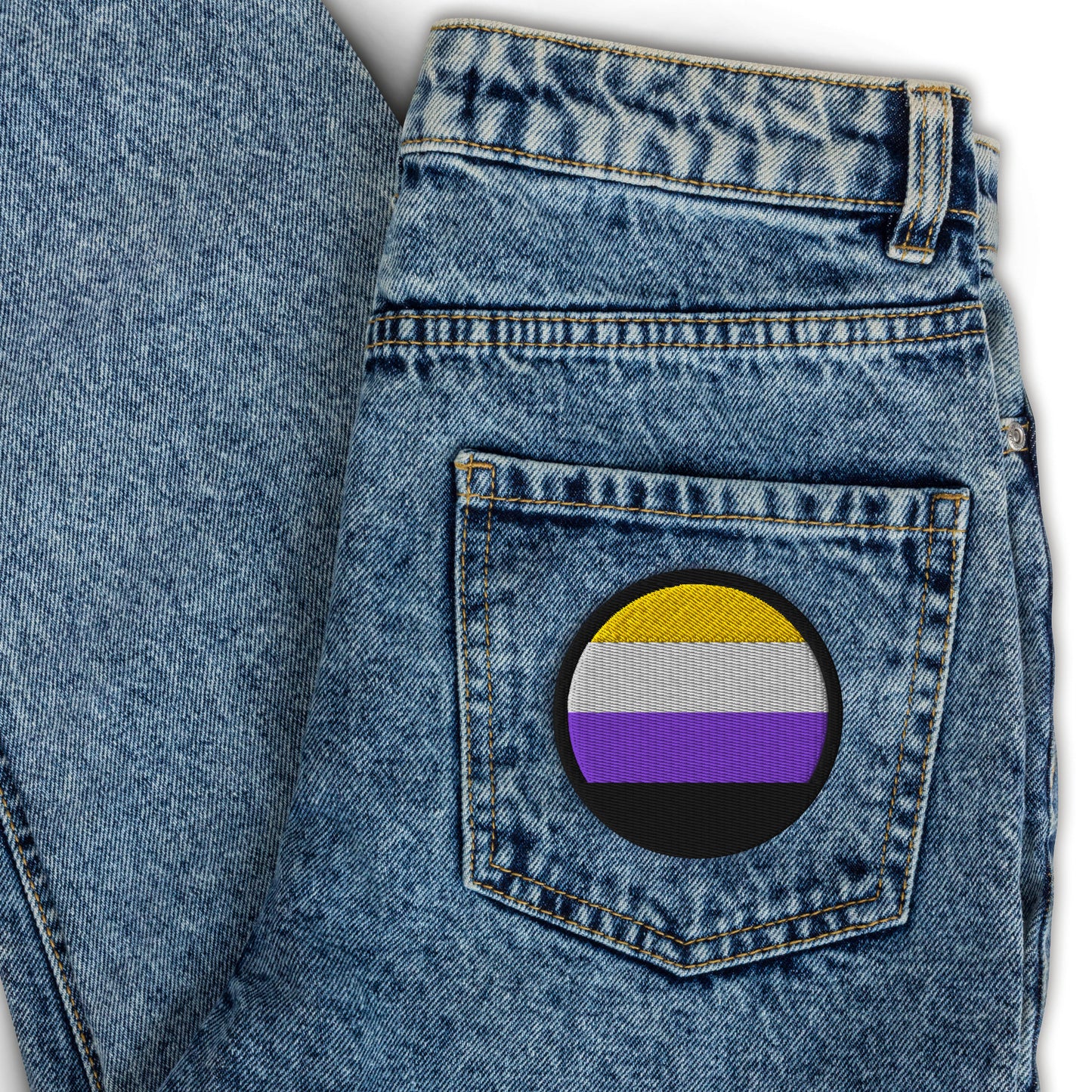 Nonbinary Enby Pride Circle Embroidered Patch nonbinary-enby-pride-circle-embroidered-patch-3-in-front-jeans