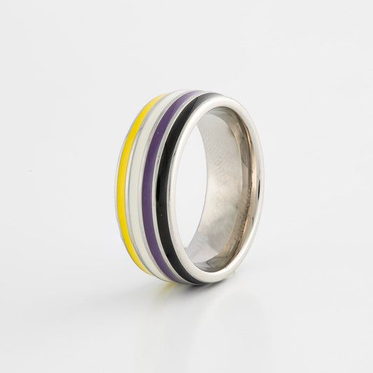 Silver ring with nonbinary pride colored stripes on a white background