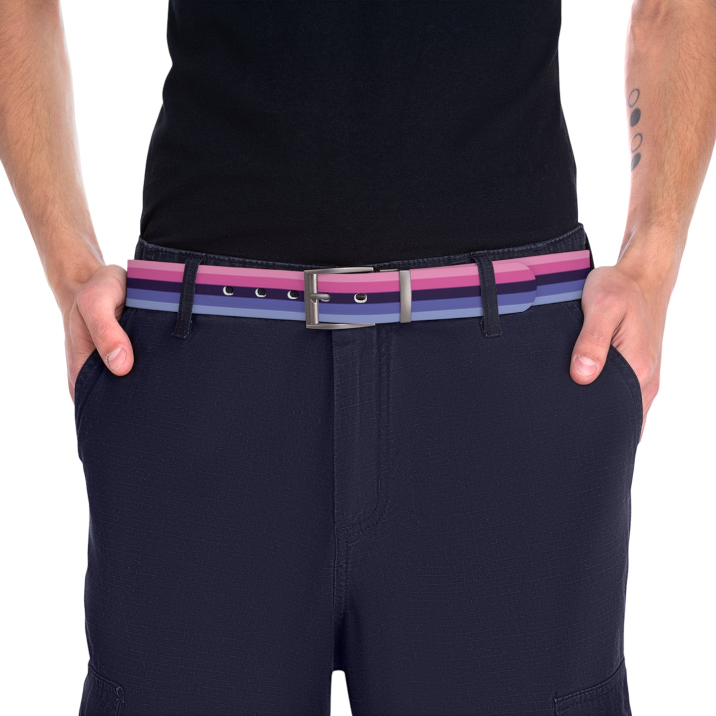 Navy shorts with a omnisexual pride belt on a white background