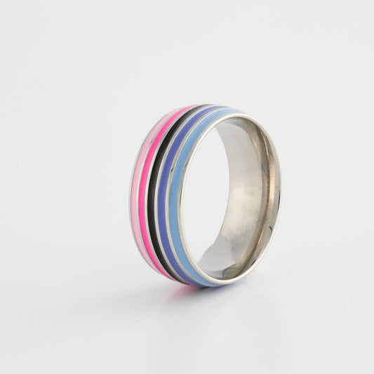 Ring with omnisexual pride colored stripes on a white background