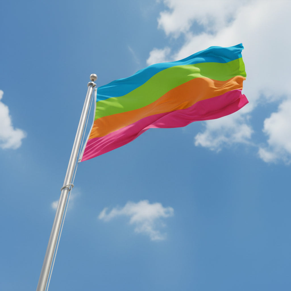 panromantic pride flag with horizontal stripes of blue, green, orange, and pink flying from a flagpole against a blue sky.