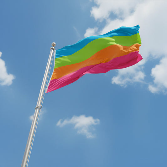 panromantic pride flag with horizontal stripes of blue, green, orange, and pink flying from a flagpole against a blue sky.
