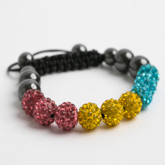 Pansexual pride colored beaded bracelet on a white background
