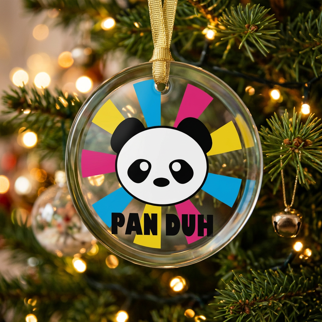 Round crystal clear holiday ornament with a panda face and pansexual pride color starburst with text 'Pan-Duh' hanging on a Christmas tree with lights
