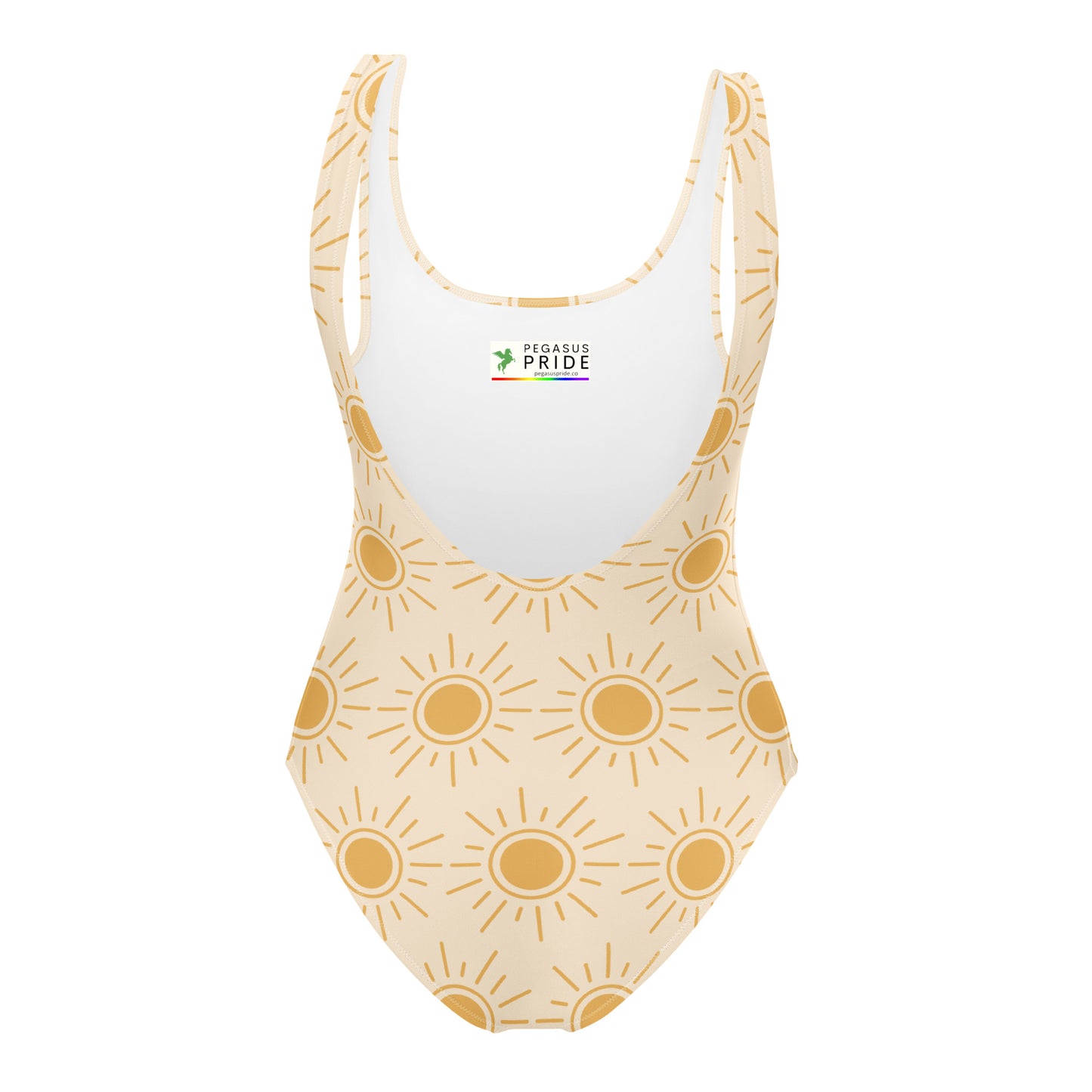 One-piece swimsuit with sun pattern on a white background