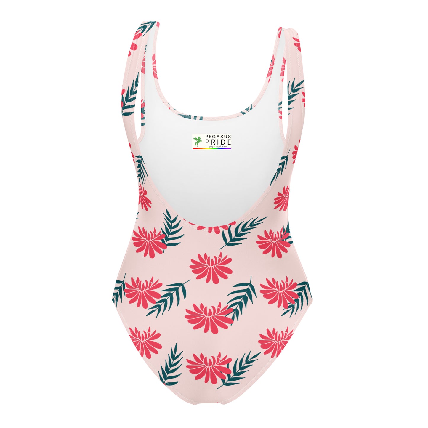 One-piece swimsuit with floral pattern on a white background