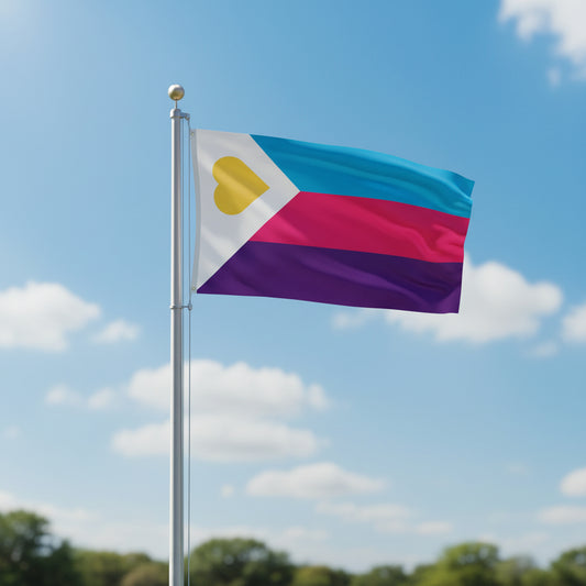 Polyamory pride flag with a yellow heart on a white triangle, blue, red, and purple horizontal stripes.