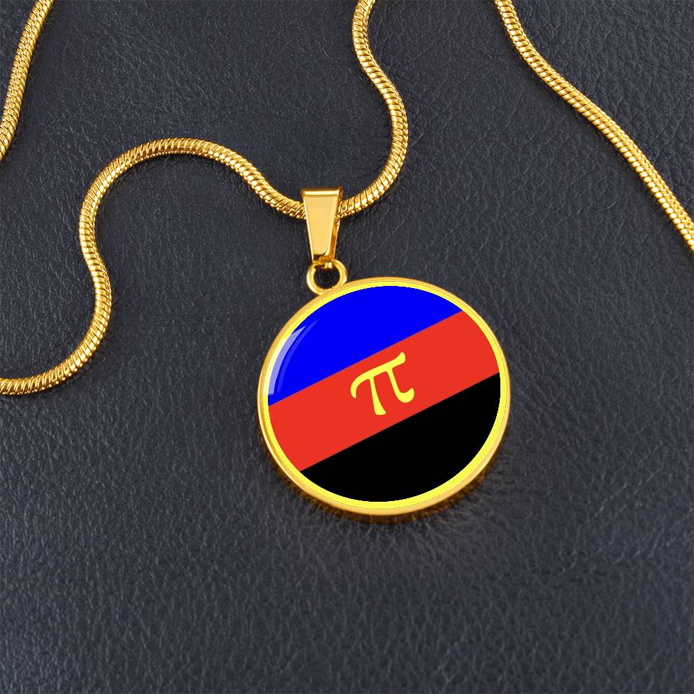 Polyamory Pride Circle Pendant Necklace polyamory_pendant_necklace_in_gold_on_table
