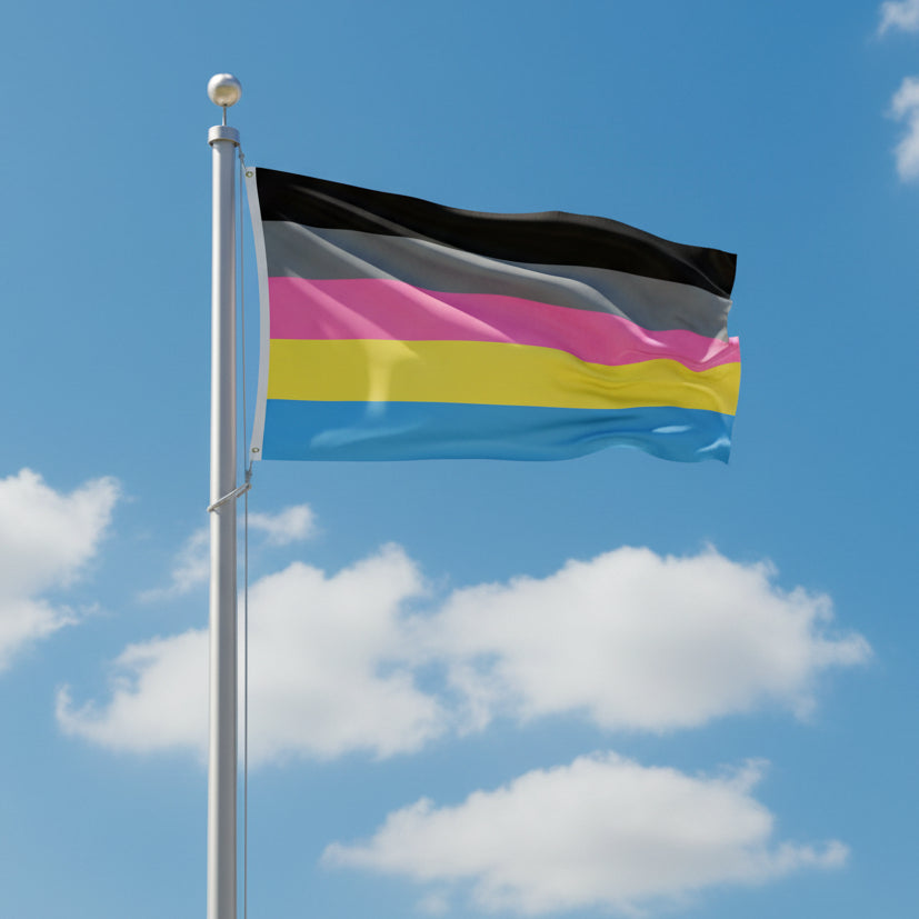 polygender flag with black, gray, pink, yellow, and blue horizontal stripes against a blue sky