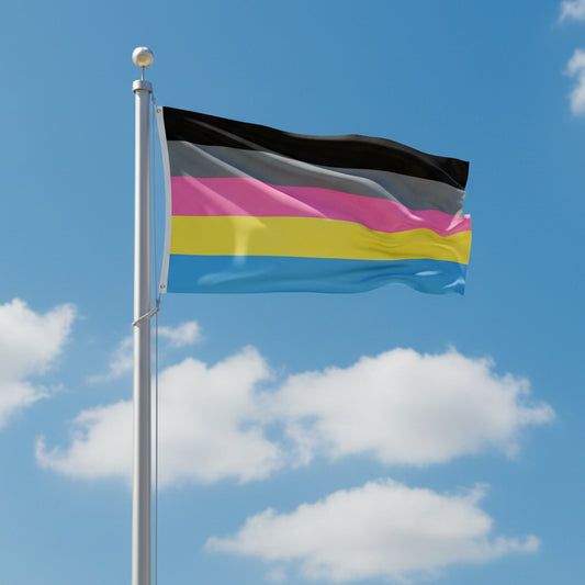 polygender flag with black, gray, pink, yellow, and blue horizontal stripes against a blue sky