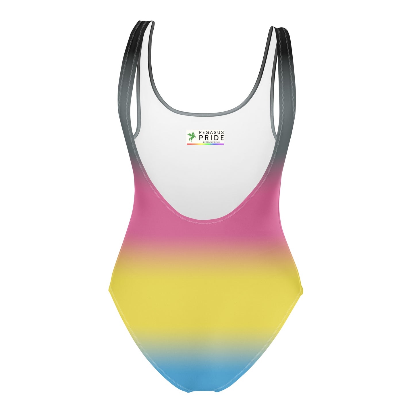 polygender gradient swimsuit with pink, yellow, and blue colors on a white background