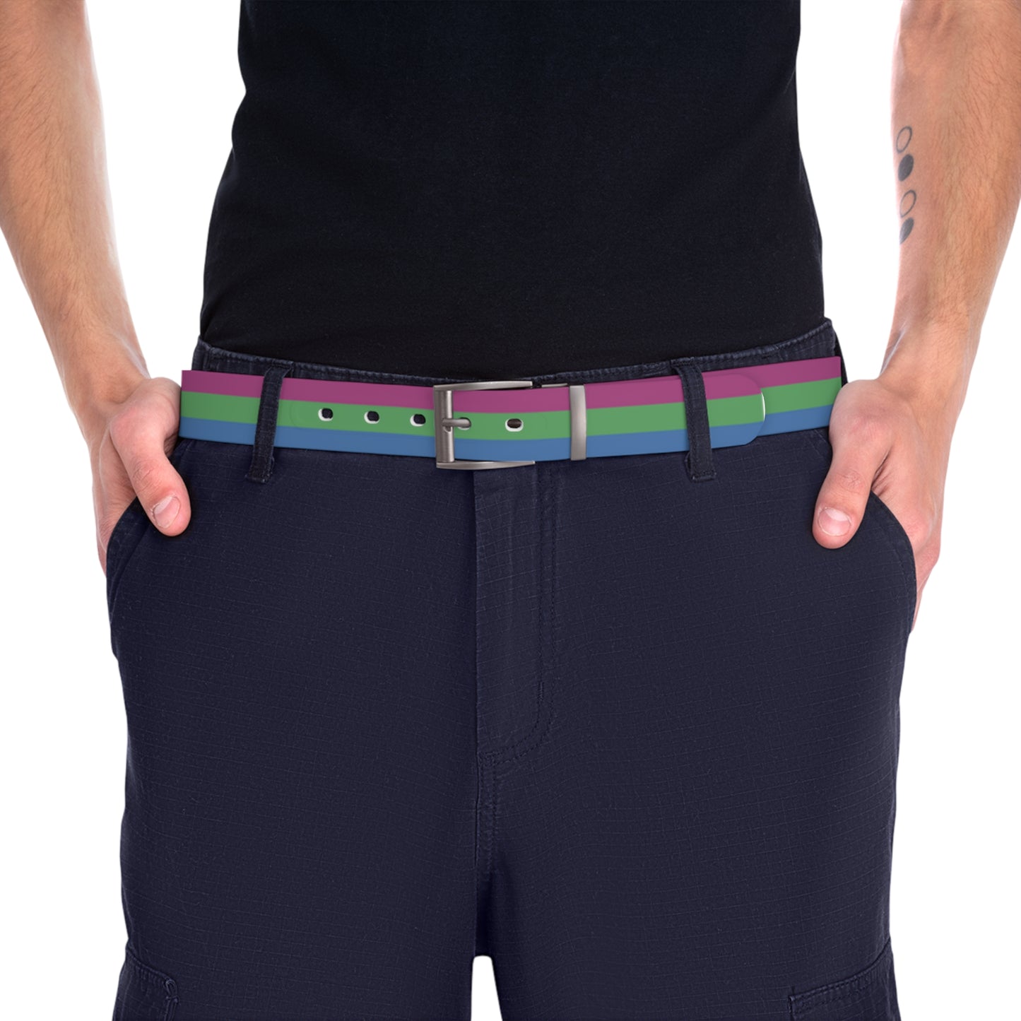 Navy shorts with a polysexual pride belt on a white background