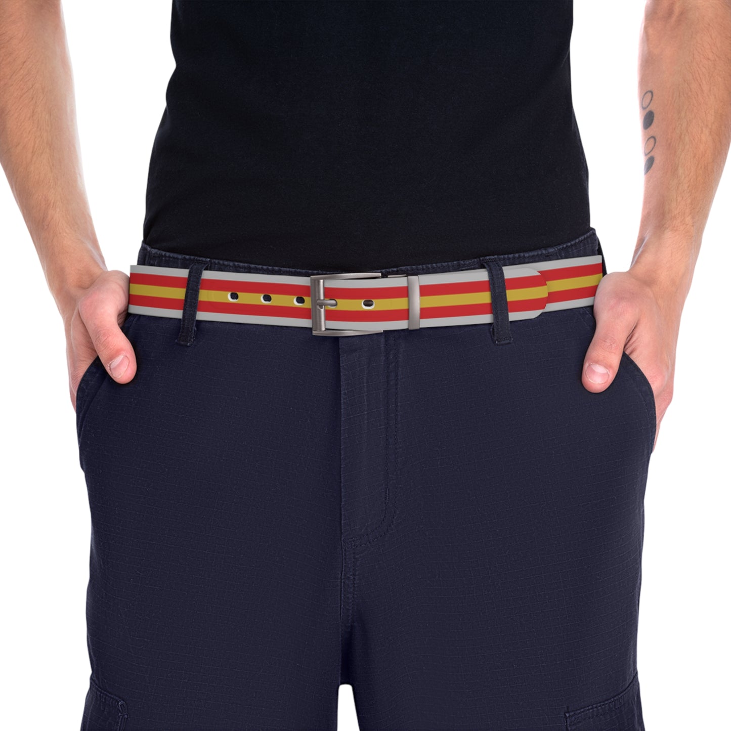 Person wearing navy shorts with a proculsexual pride colored belt on a white background