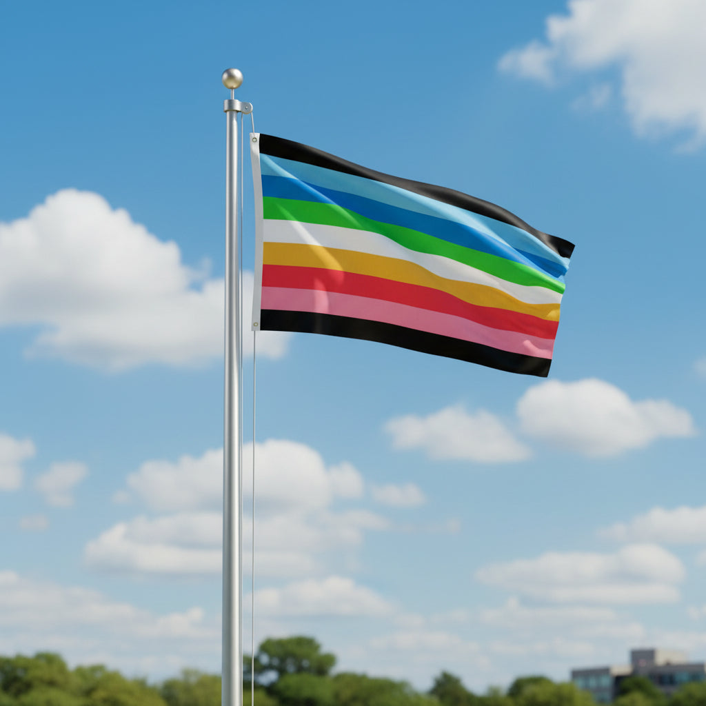 Queer pride flag with horizontal stripes in black, blues, green, white, yellow, and red and pink flying from a flagpole against a blue sky