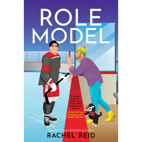 Book cover for 'Role Model' by Rachel Reid, featuring an illustrated hockey player in a black and red jersey facing a person in a purple jacket and blue pants, with a small black cat at their feet against an ice rink background.