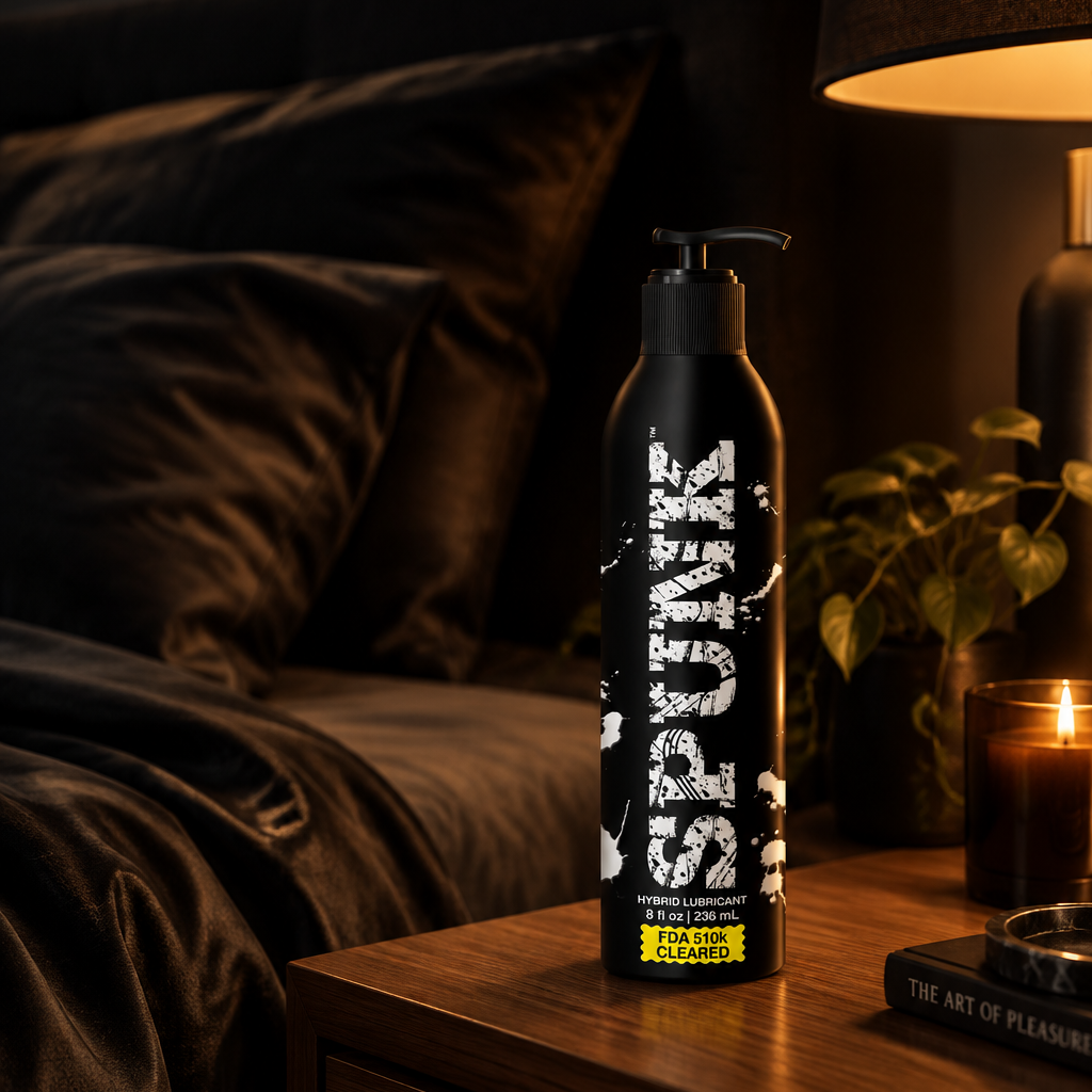 bottle of 'SPUNK' branded personal lubricant next to a bed in a dimly lit room.