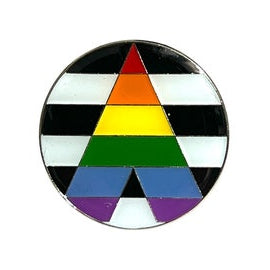 Round pin with a straight ally pride flag design on a black background