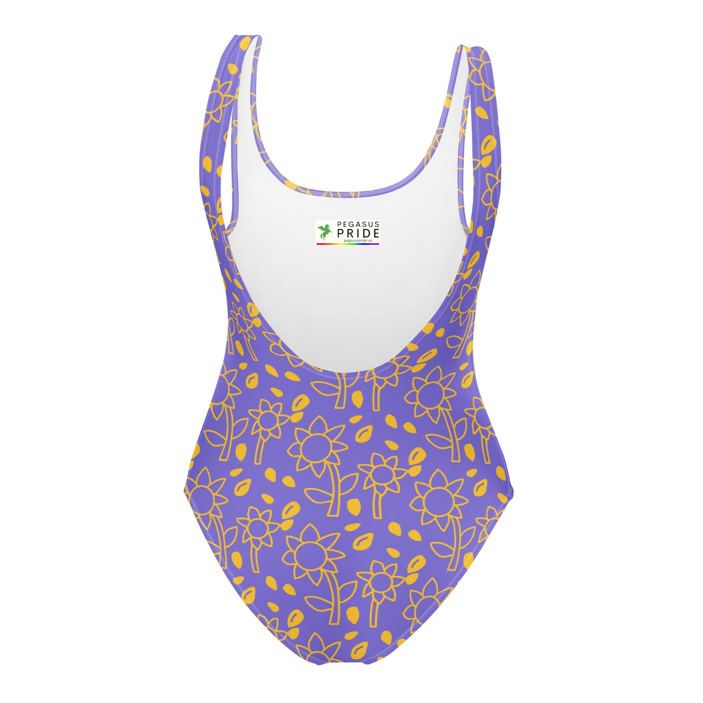 blue swimsuit with yellow floral patterns on a white background