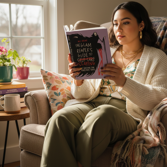 A woman sits in a cozy armchair by a window, holding and reading a book titled 'the glam reapers guide to slaying life lessons for rebellious souls". She is dressed in a white knit cardigan, green pants, and layered gold necklaces, with a floral pillow and a small side table nearby.
