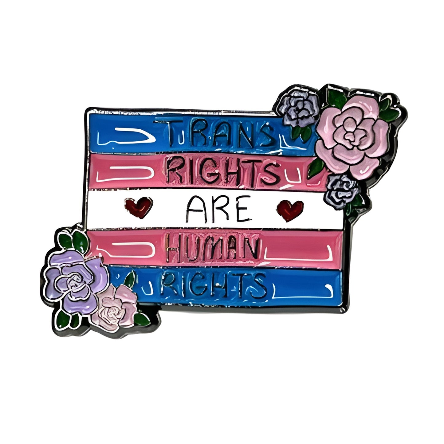 Pin with 'Trans Rights Are Human Rights' text and floral designs on a white background