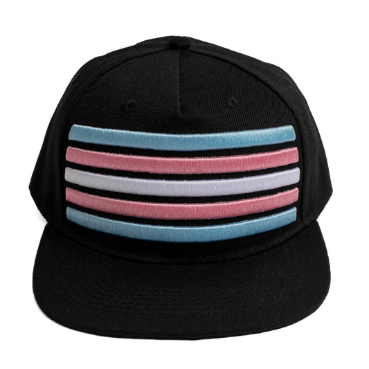 Black cap with colorful transgender flag colored stripes on a white background