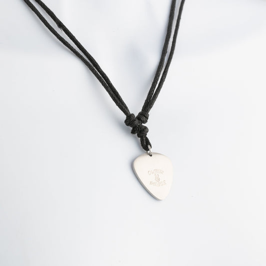 Necklace with a guitar pick pendant on a white background