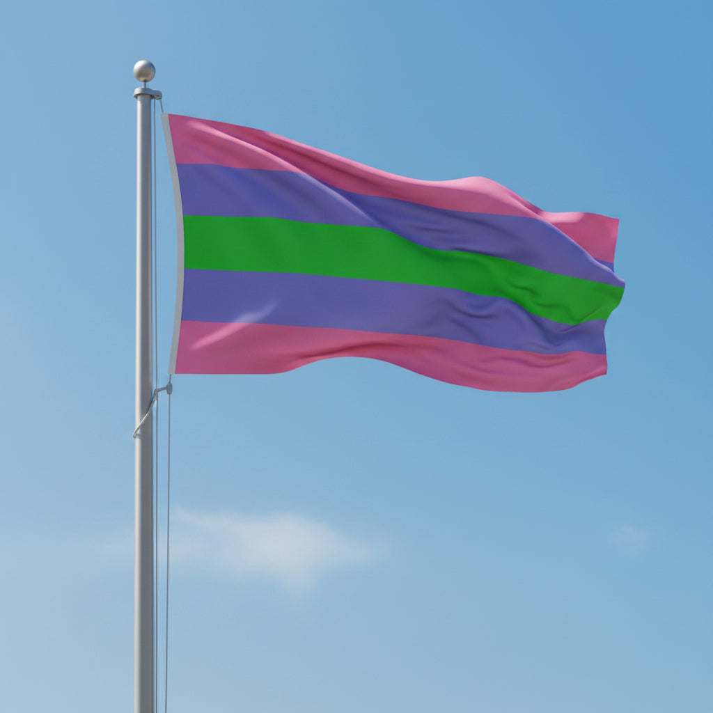 Trigender pride flag with pink, purple, and green horizontal stripes being flown from a flagpole against a blue sky