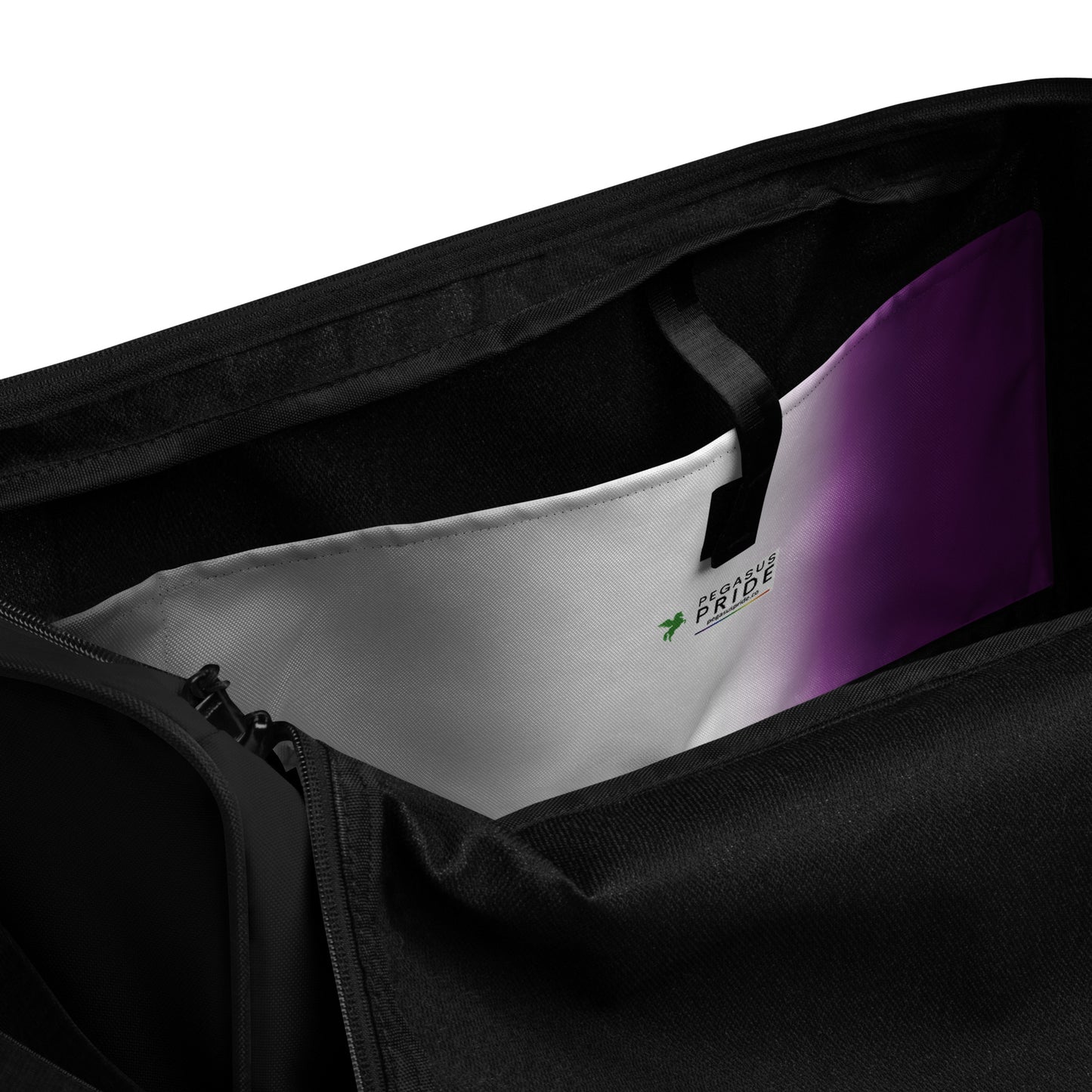 Asexual Ace Pride Weekender Duffel Bag in Ombre all-over-print-duffle-bag-white-inside-pocket-642cd860ea2d8