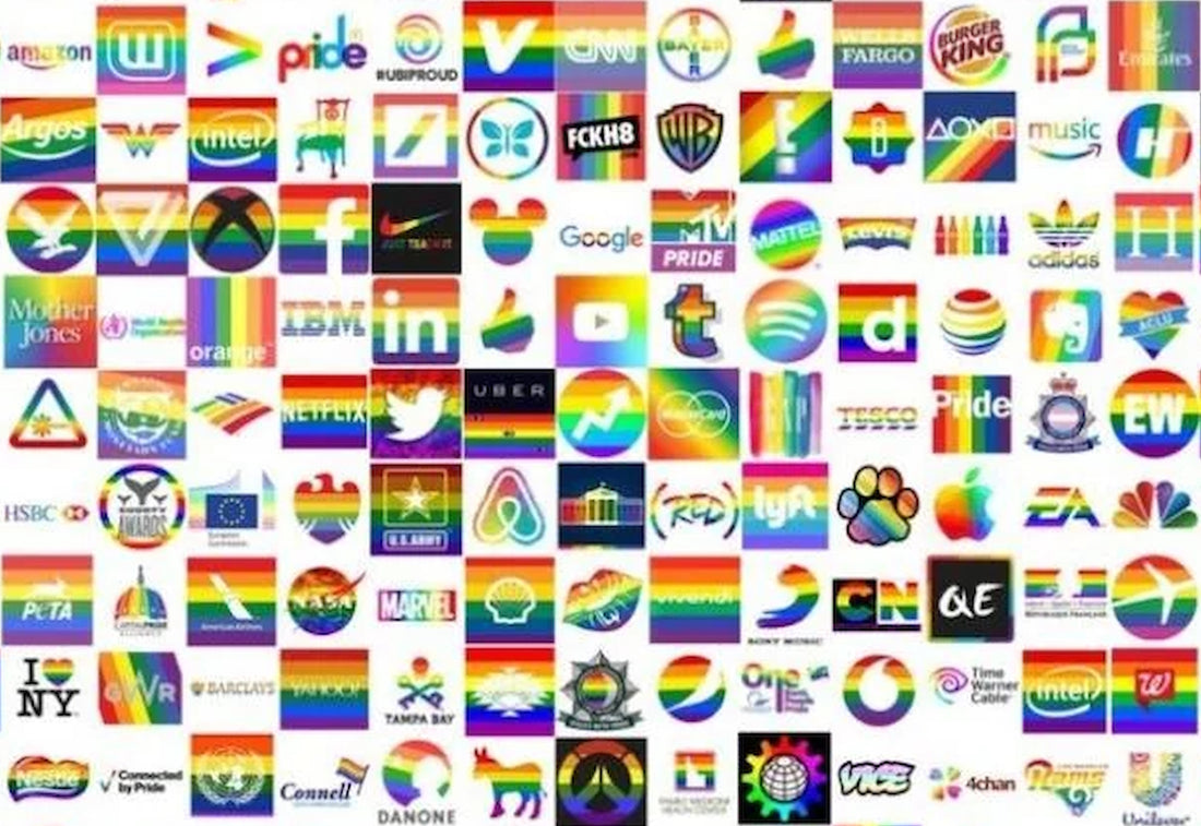 Corporate Support of LGBTQ Pride Month with logos of fortune 500 businesses in rainbow imagery