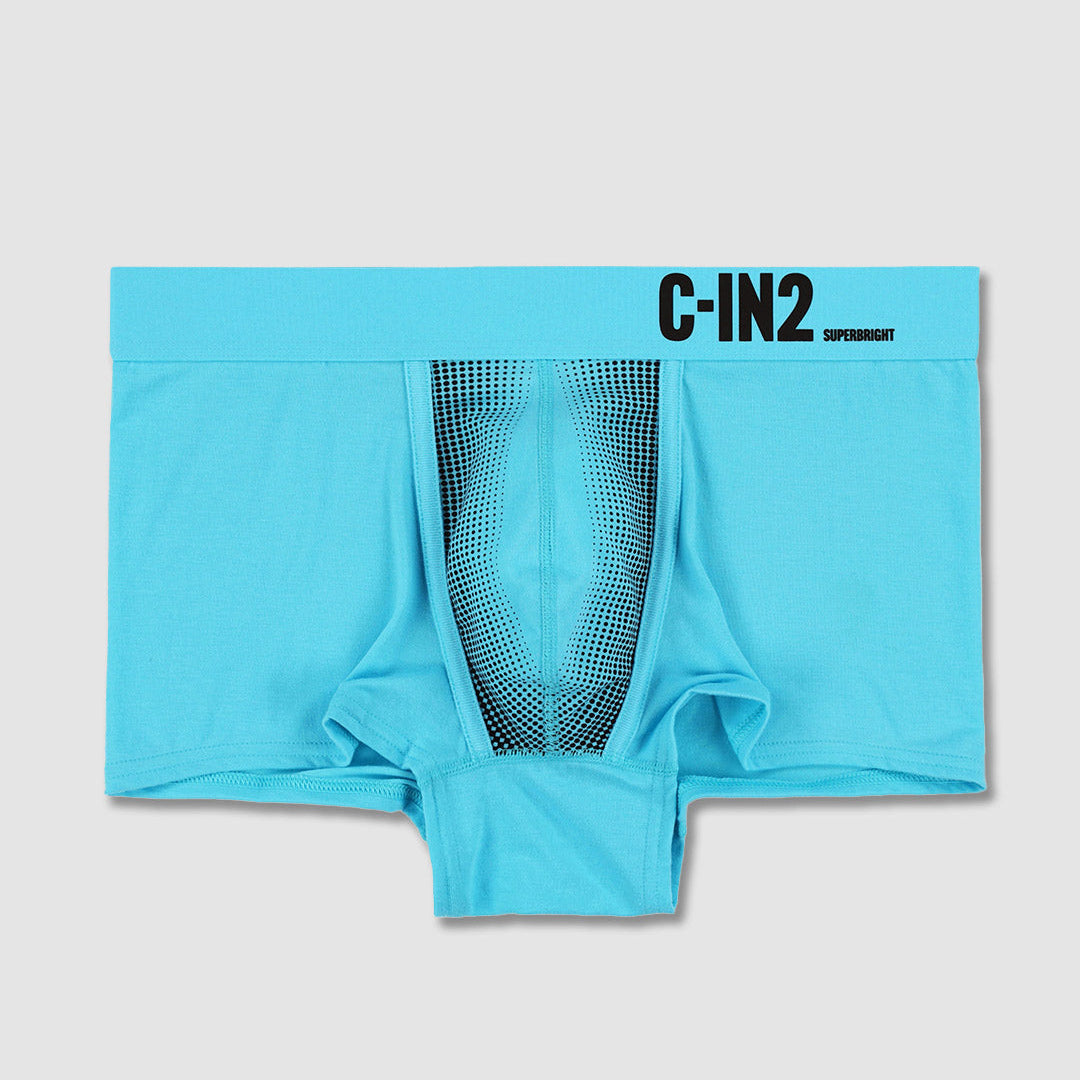 A pair of bright turquoise blue boxer briefs featuring a black and white gradient mesh panel down the front and the black text 'C-IN2' on the waistband, displayed flat against a light gray background.