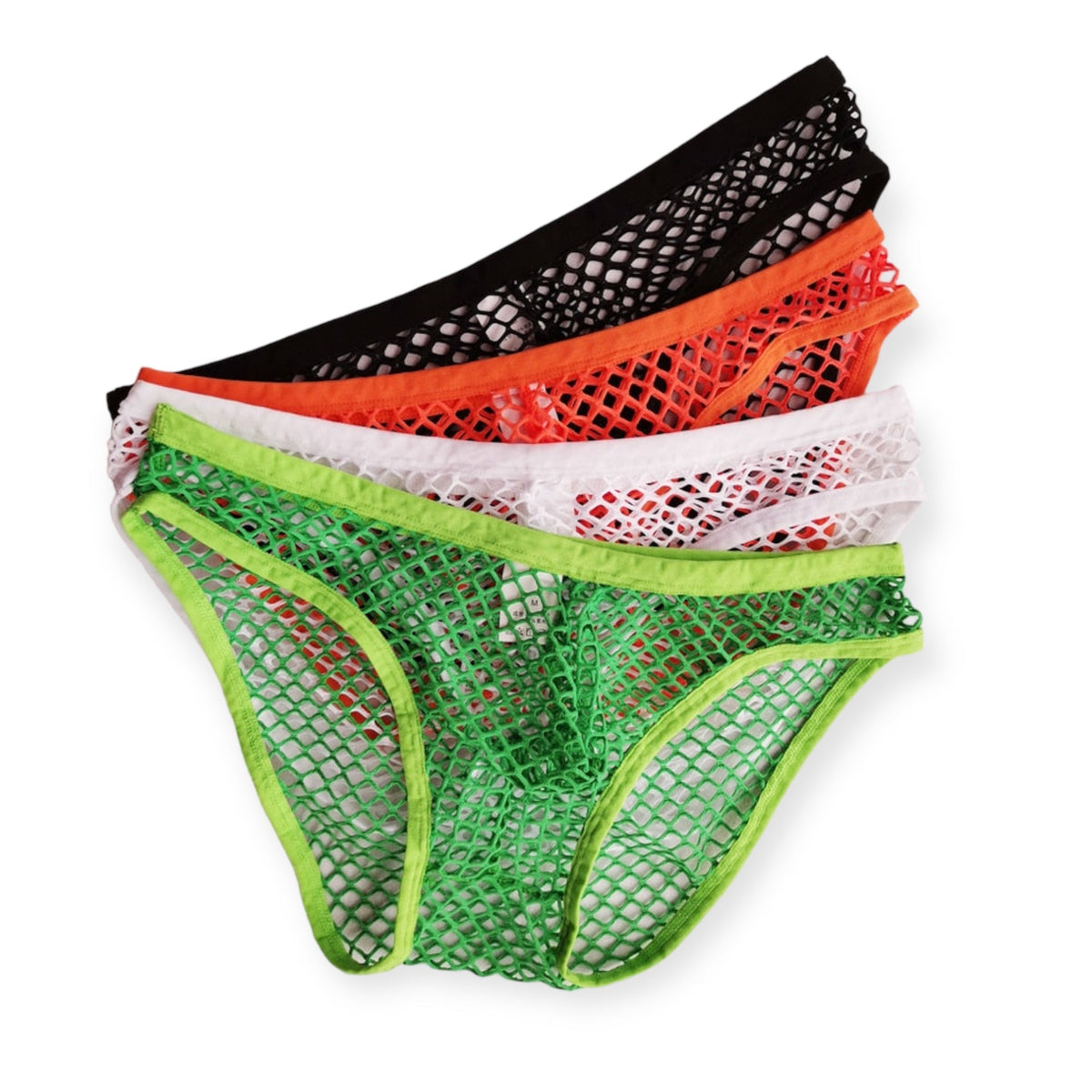A group of 4 pairs of mens mesh underwear in black, orange, white and green