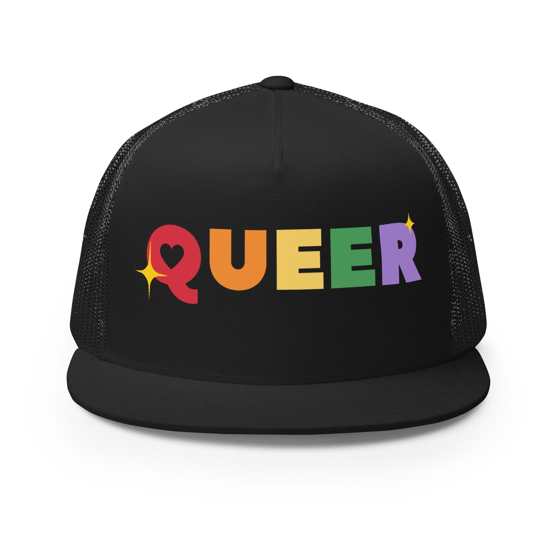 Queer Trucker Baseball Cap Hat Black 5-panel-trucker-cap-black-front-66aeb61de07dd