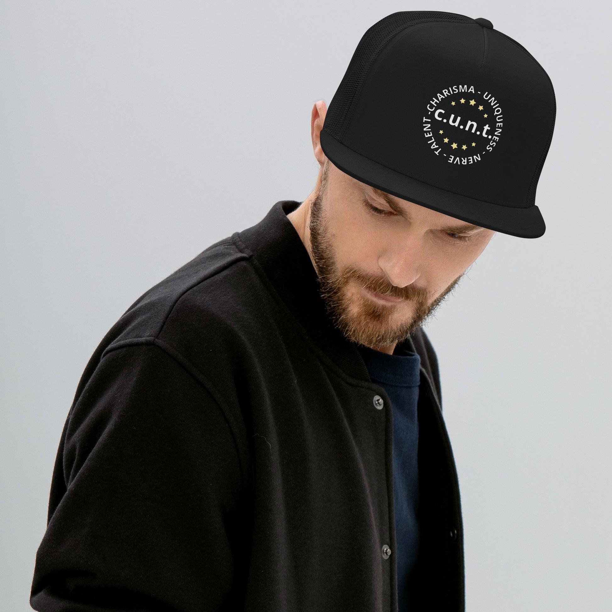 Charisma Uniqueness Nerve and Talent Trucker Baseball Cap Hat 5-panel-trucker-cap-black-front-66aeb8d36149f