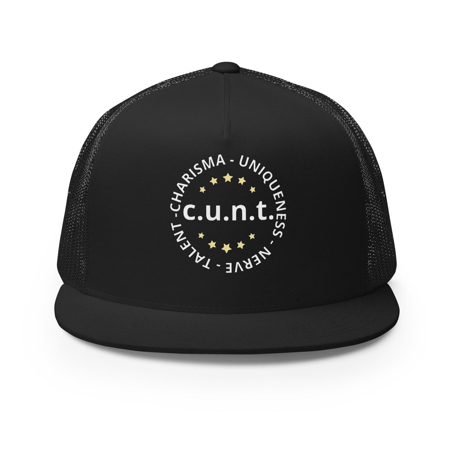 Charisma Uniqueness Nerve and Talent Trucker Baseball Cap Hat Black 5-panel-trucker-cap-black-front-66aeb8d3619ca