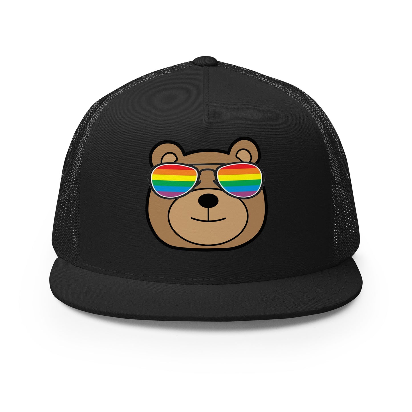 Gay Bear with Rainbow Sunglasses Trucker Baseball Cap Hat Black Gay 5-panel-trucker-cap-black-front-66aeb98062b50