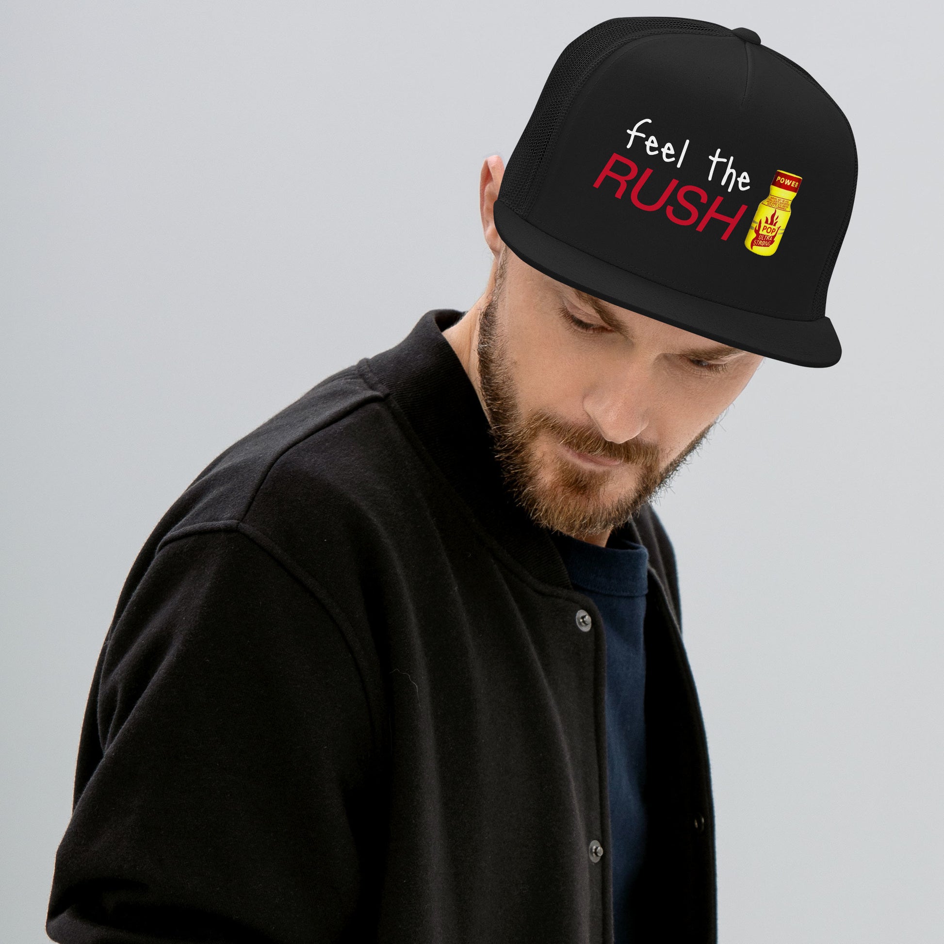 Feel the Rush Trucker Baseball Cap Hat 5-panel-trucker-cap-black-front-66aec9c33146c