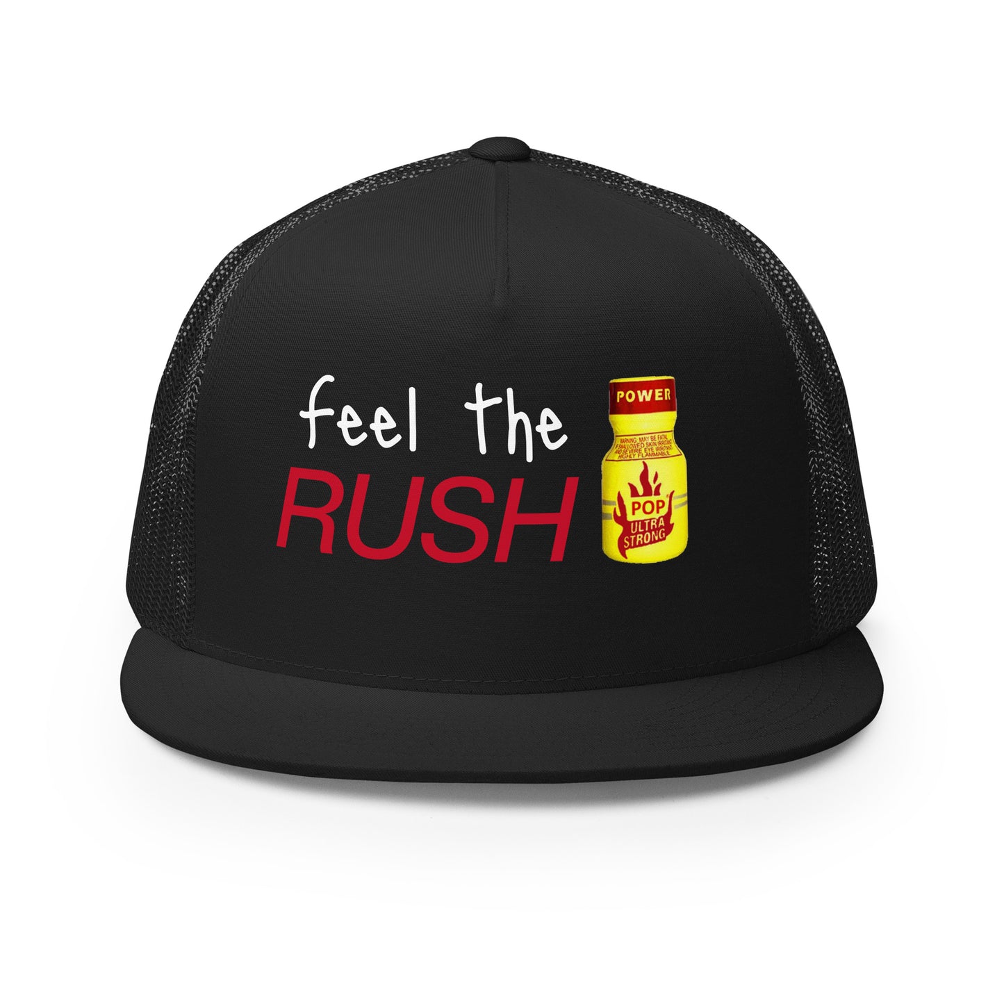 Feel the Rush Trucker Baseball Cap Hat Black 5-panel-trucker-cap-black-front-66aec9c3319b1