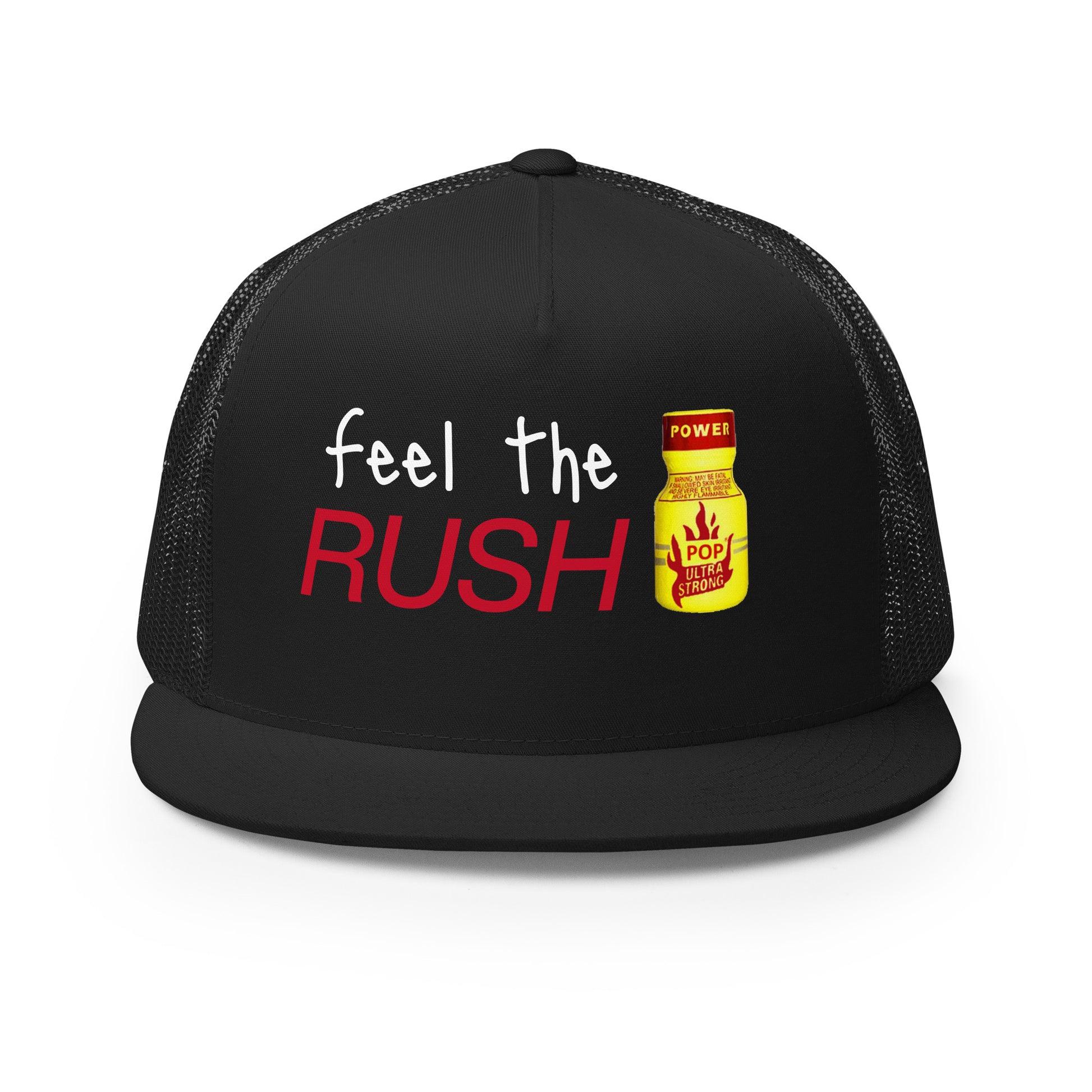 Feel the Rush Trucker Baseball Cap Hat Black 5-panel-trucker-cap-black-front-66aec9c3319b1