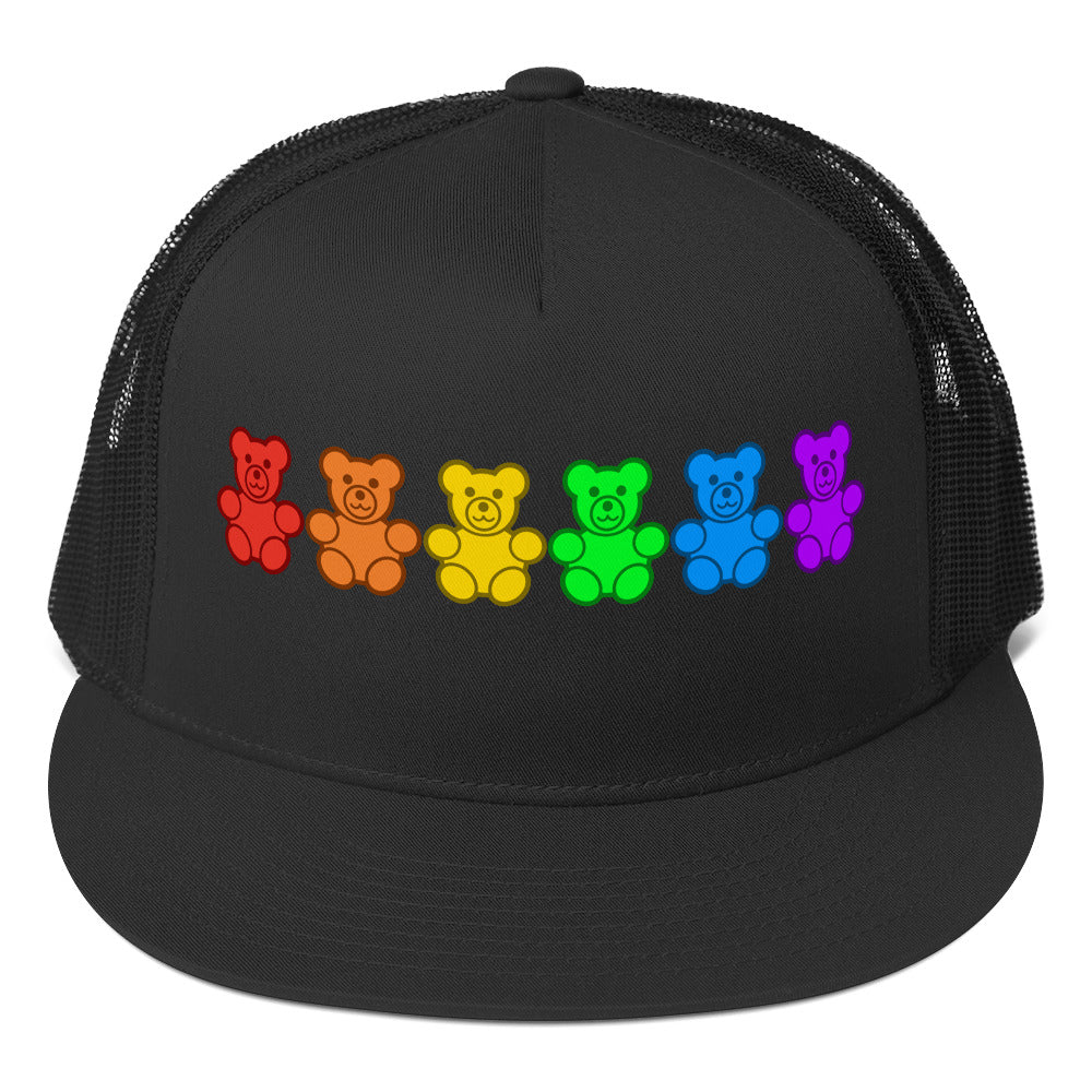 LGBTQ Pride Gummy Bear Trucker Cap Black Pride 5-panel-trucker-cap-black-front-66b25e37622a8